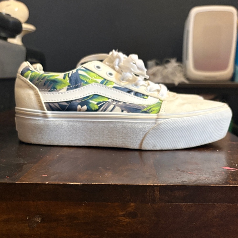Vans Platform Old Skool Sneakers - White with Blue & Green Tropical Print